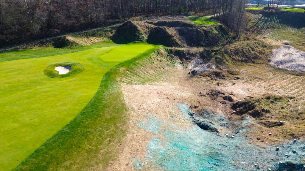 Hole 14 fully rebuilt sodded green and removal of buckthorn and more. Aerial view to show changes. Used as sneak peak on post for course updates.