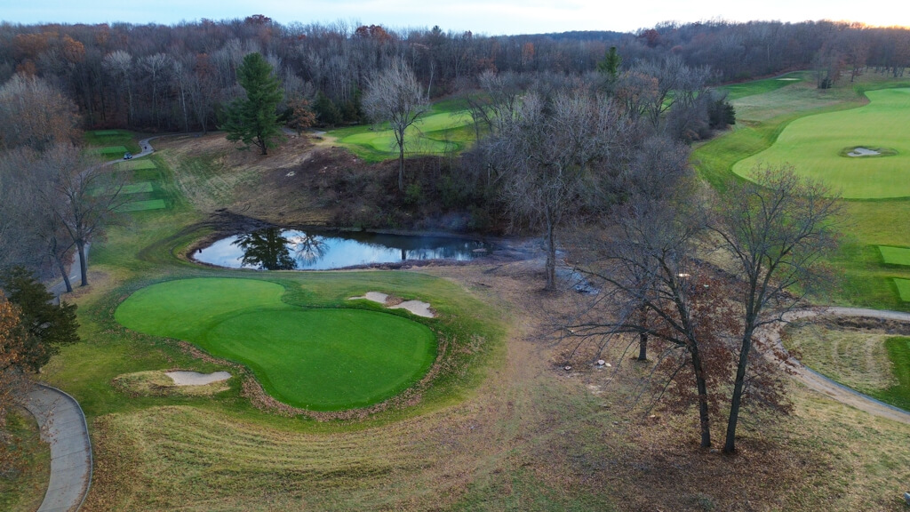 Hole 9 fully recreated and removal of buckthorn and more. Aerial view to show changes. Used as sneak peak on post for course updates.