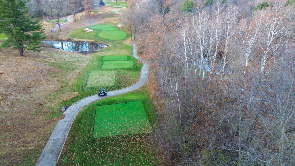 Hole 9 fully recreated and removal of buckthorn and more. Aerial view to show changes. Used as sneak peak on post for course updates.